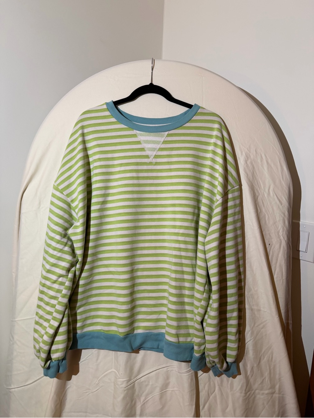 Amazon Light Green and White Striped Crewneck with Blue Trim